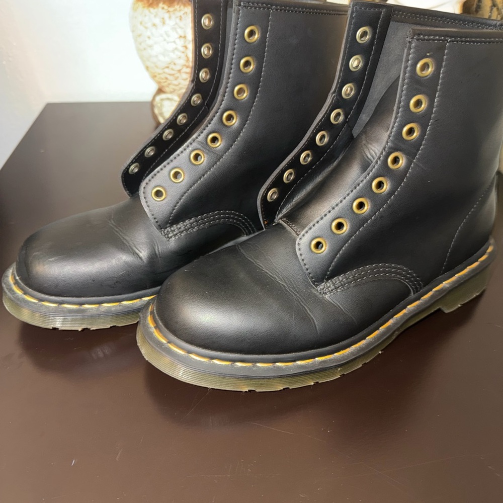 Dr. Martens Black Leather Boots with Yellow Stitching - Picture 2 of 9